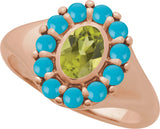 14K Gold Oval Natural Peridot & Natural Turquoise Halo-Style Ring - Rose Gold - view 4