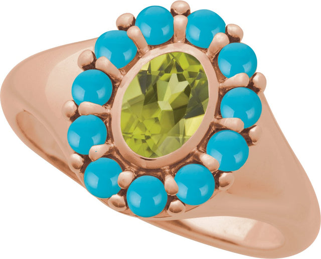 14K Gold Oval Natural Peridot & Natural Turquoise Halo-Style Ring - Rose Gold - view 4