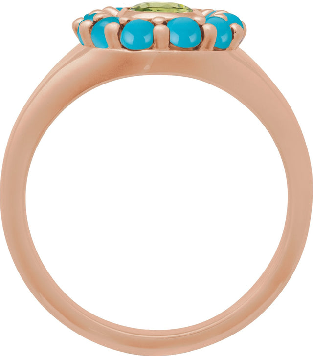 14K Gold Oval Natural Peridot & Natural Turquoise Halo-Style Ring - Rose Gold - view 2