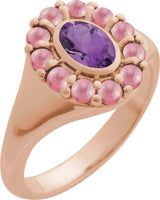 14K Gold Oval Natural Amethyst & Natural Rhodolite Garnet Halo-Style Ring - Rose Gold