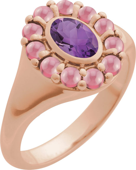 14K Gold Oval Natural Amethyst & Natural Rhodolite Garnet Halo-Style Ring - Rose Gold