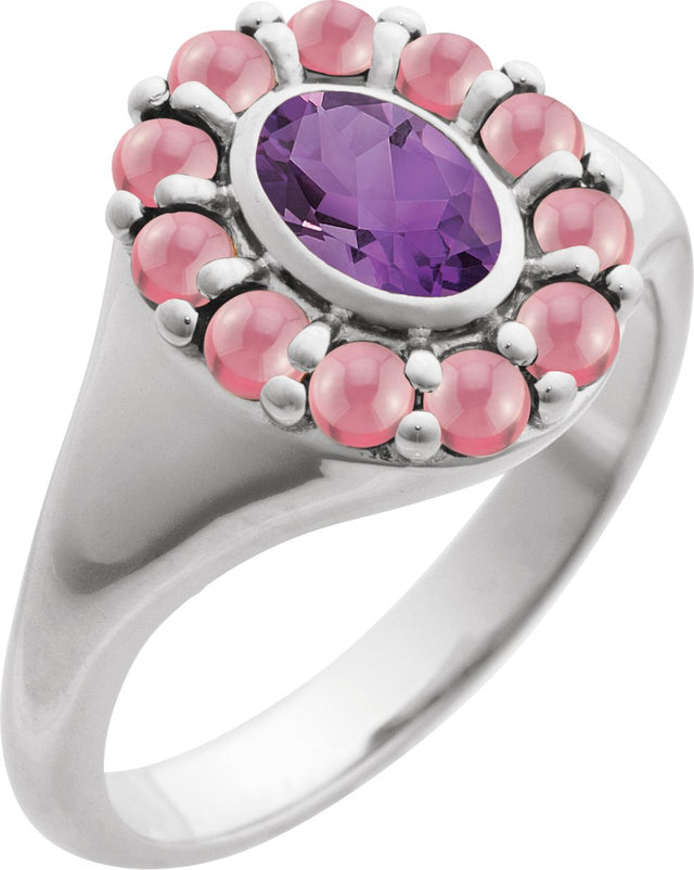 Platinum Oval Natural Amethyst & Natural Rhodolite Garnet Halo-Style Ring
