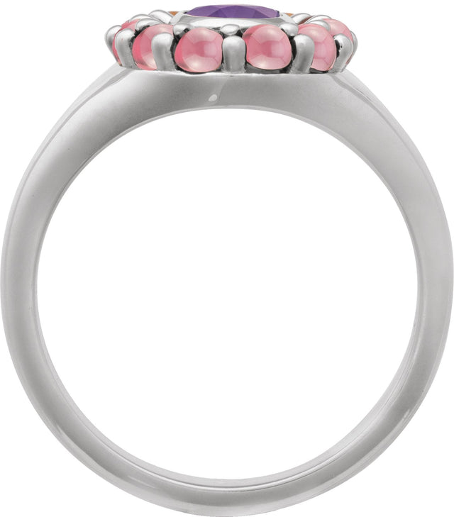 Platinum Oval Natural Amethyst & Natural Rhodolite Garnet Halo-Style Ring - view 2