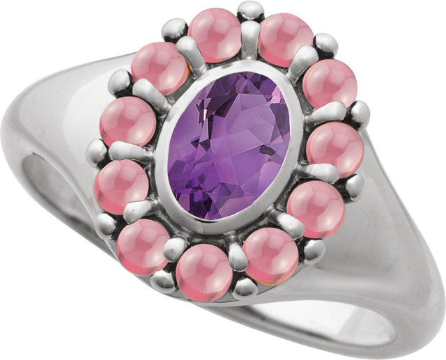 Platinum Oval Natural Amethyst & Natural Rhodolite Garnet Halo-Style Ring - view 4