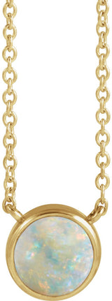 14K Gold Round Natural White Opal Cabochon Solitaire Necklace - Yellow Gold
