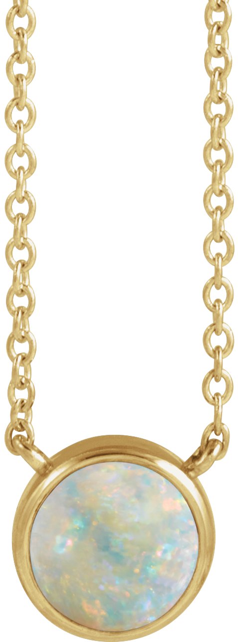14K Gold Round Natural White Opal Cabochon Solitaire Necklace - Yellow Gold
