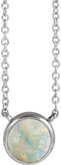 Platinum Round Natural White Opal Cabochon Solitaire Necklace