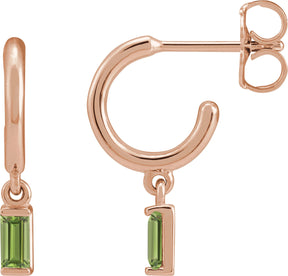 14K Gold Straight Baguette Natural Peridot Accented Hoop Earrings – 4x2mm - Rose Gold
