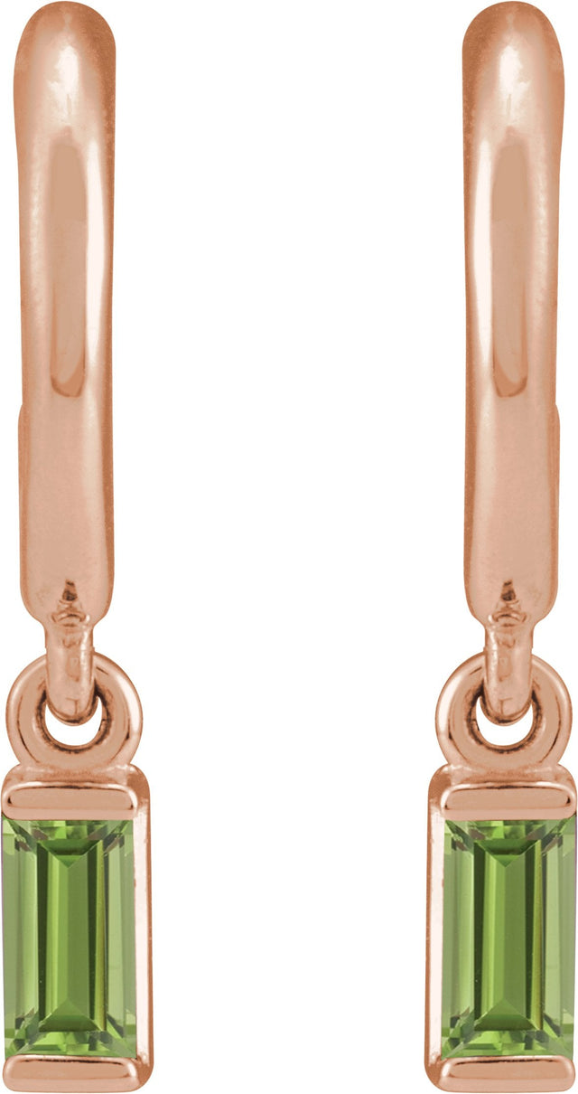 14K Gold Straight Baguette Natural Peridot Accented Hoop Earrings – 4x2mm - Rose Gold - view 2