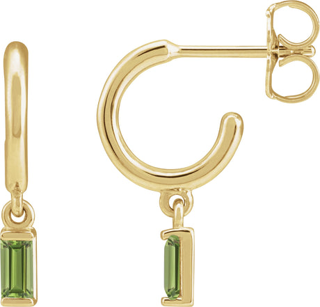 14K Gold Straight Baguette Natural Peridot Accented Hoop Earrings – 4x2mm - Yellow Gold