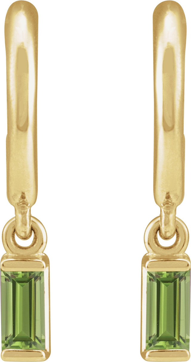 14K Gold Straight Baguette Natural Peridot Accented Hoop Earrings – 4x2mm - Yellow Gold - view 2
