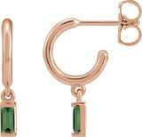 14K Gold Straight Baguette Natural Green Tourmaline Accented Hoop Earrings - Rose Gold