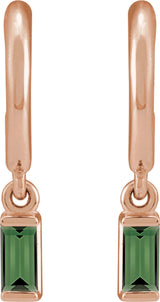 14K Gold Straight Baguette Natural Green Tourmaline Accented Hoop Earrings - Rose Gold - view 2