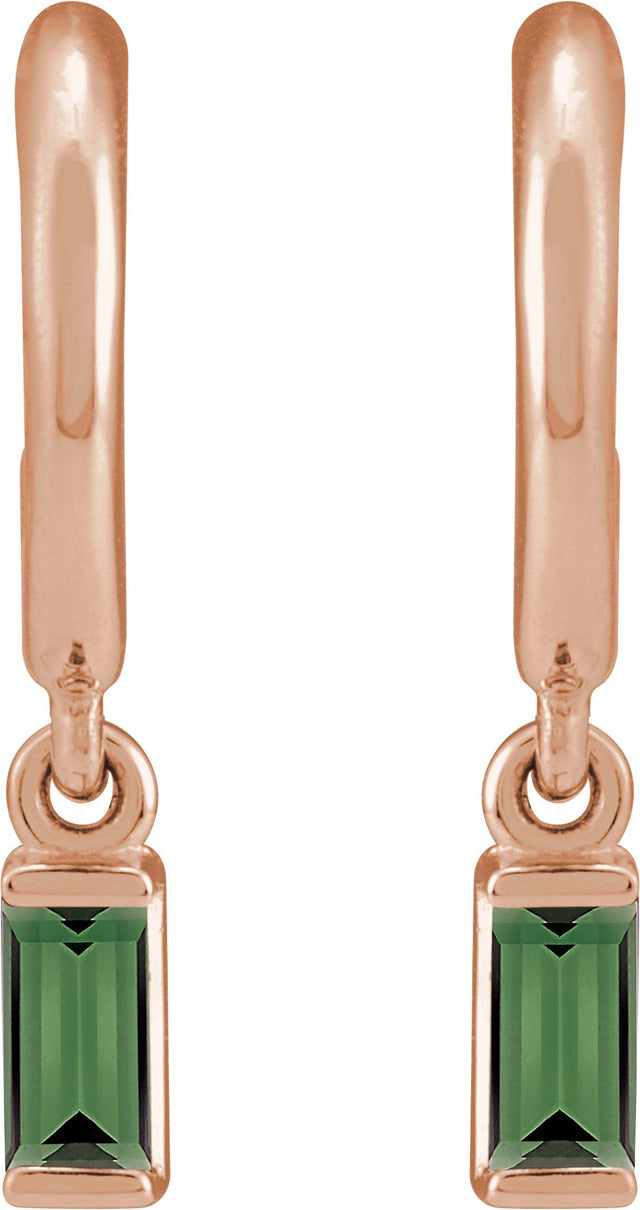 14K Gold Straight Baguette Natural Green Tourmaline Accented Hoop Earrings - Rose Gold - view 2