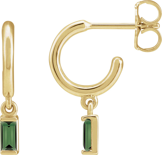 14K Gold Straight Baguette Natural Green Tourmaline Accented Hoop Earrings - Yellow Gold