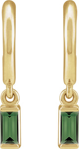 14K Gold Straight Baguette Natural Green Tourmaline Accented Hoop Earrings - Yellow Gold - view 2