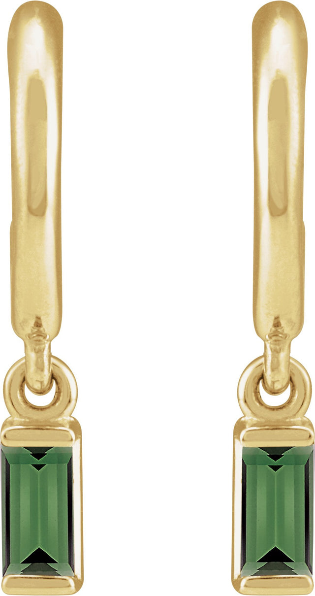 14K Gold Straight Baguette Natural Green Tourmaline Accented Hoop Earrings - Yellow Gold - view 2