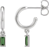 Platinum Straight Baguette Natural Green Tourmaline Accented Hoop Earrings