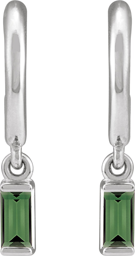 Platinum Straight Baguette Natural Green Tourmaline Accented Hoop Earrings - view 2