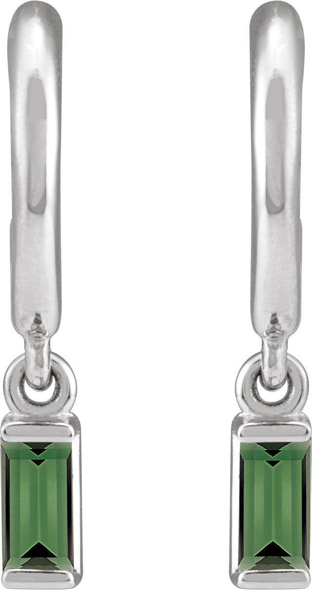 14K Gold Straight Baguette Natural Green Tourmaline Accented Hoop Earrings - White Gold - view 2