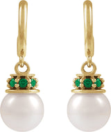 14K Gold Cultured White Freshwater Pearl & Natural Tsavorite Garnet Pearl Hoop Earrings – 7mm Stones - Yellow Gold - view 2