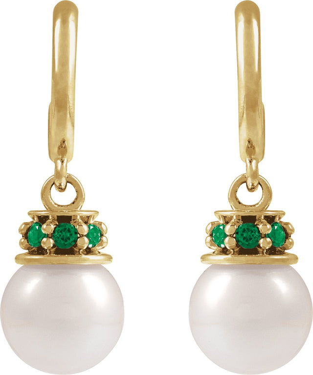 14K Gold Cultured White Freshwater Pearl & Natural Tsavorite Garnet Pearl Hoop Earrings – 7mm Stones - Yellow Gold - view 2