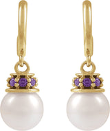 14K Gold Cultured White Freshwater Pearl & Lab-Grown Purple Sapphire Pearl Hoop Earrings - Yellow Gold - view 2