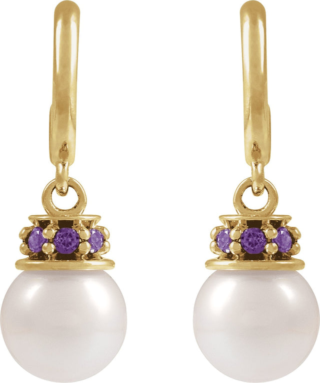 14K Gold Cultured White Freshwater Pearl & Lab-Grown Purple Sapphire Pearl Hoop Earrings - Yellow Gold - view 2