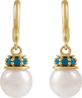 14K Gold Cultured White Freshwater Pearl & Natural London Blue Topaz Pearl Hoop Earrings – 7mm Stones - Yellow Gold - view 2