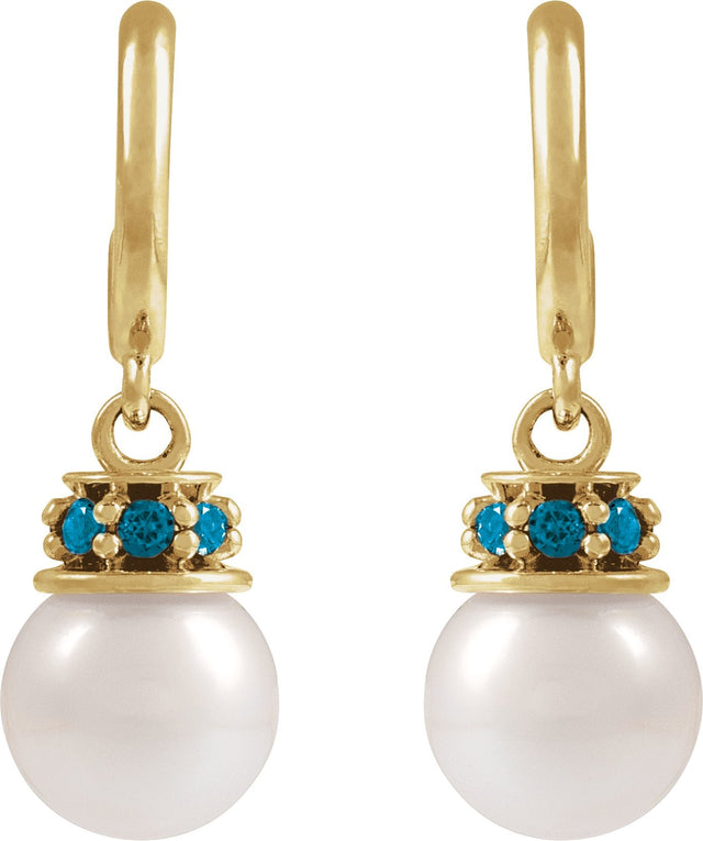 14K Gold Cultured White Freshwater Pearl & Natural London Blue Topaz Pearl Hoop Earrings – 7mm Stones - Yellow Gold - view 2