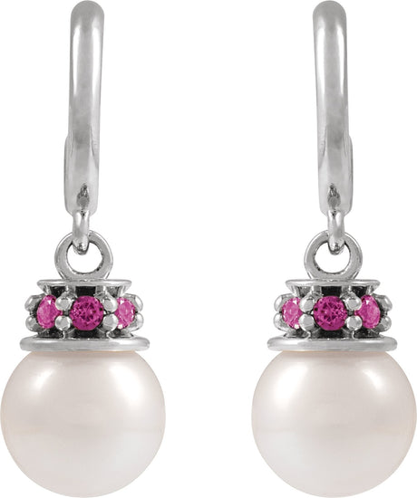 Platinum Cultured White Freshwater Pearl & Natural Pink Tourmaline Pearl Hoop Earrings – 7mm Stones - view 2