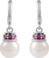 14K Gold Cultured White Freshwater Pearl & Natural Pink Tourmaline Pearl Hoop Earrings – 7mm Stones - White Gold - view 2