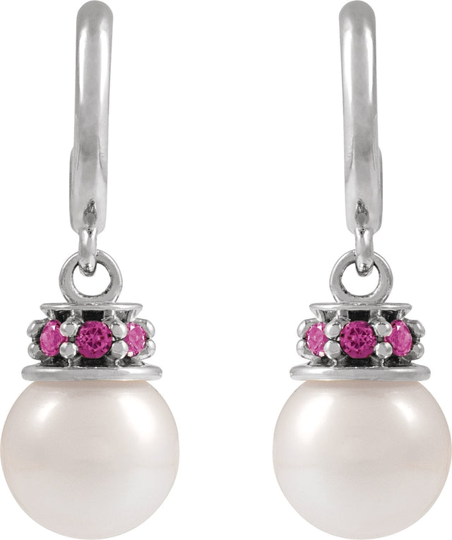 14K Gold Cultured White Freshwater Pearl & Natural Pink Tourmaline Pearl Hoop Earrings – 7mm Stones - White Gold - view 2