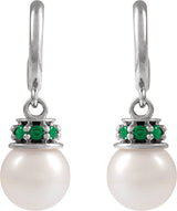 14K Gold Cultured White Freshwater Pearl & Natural Tsavorite Garnet Pearl Hoop Earrings – 7mm Stones - White Gold - view 2