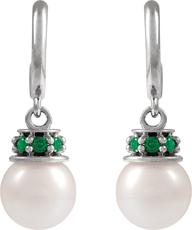 14K Gold Cultured White Freshwater Pearl & Natural Tsavorite Garnet Pearl Hoop Earrings – 7mm Stones - White Gold - view 2
