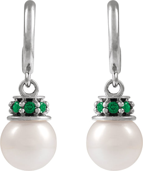 Platinum Cultured White Freshwater Pearl & Natural Tsavorite Garnet Pearl Hoop Earrings - view 2
