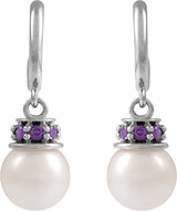 14K Gold Cultured White Freshwater Pearl & Lab-Grown Purple Sapphire Pearl Hoop Earrings - White Gold - view 2