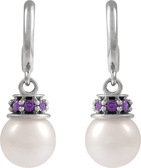 Platinum Cultured White Freshwater Pearl & Lab-Grown Purple Sapphire Pearl Hoop Earrings - view 2