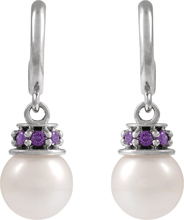 Platinum Cultured White Freshwater Pearl & Lab-Grown Purple Sapphire Pearl Hoop Earrings - view 2
