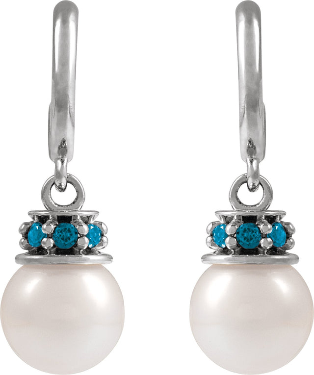 14K Gold Cultured White Freshwater Pearl & Natural London Blue Topaz Pearl Hoop Earrings – 7mm Stones - White Gold - view 2