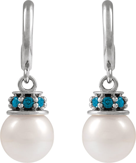 Platinum Cultured White Freshwater Pearl & Natural London Blue Topaz Pearl Hoop Earrings – 7mm Stones - view 2