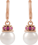 14K Gold Cultured White Freshwater Pearl & Natural Pink Tourmaline Pearl Hoop Earrings – 7mm Stones - Rose Gold - view 2