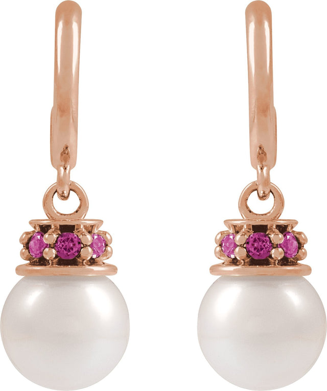 14K Gold Cultured White Freshwater Pearl & Natural Pink Tourmaline Pearl Hoop Earrings – 7mm Stones - Rose Gold - view 2