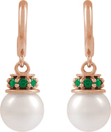 14K Gold Cultured White Freshwater Pearl & Natural Tsavorite Garnet Pearl Hoop Earrings – 7mm Stones - Rose Gold - view 2