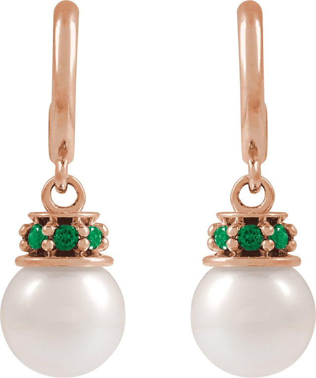 14K Gold Cultured White Freshwater Pearl & Natural Tsavorite Garnet Pearl Hoop Earrings – 7mm Stones - Rose Gold - view 2