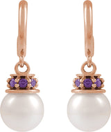 14K Gold Cultured White Freshwater Pearl & Lab-Grown Purple Sapphire Pearl Hoop Earrings - Rose Gold - view 2