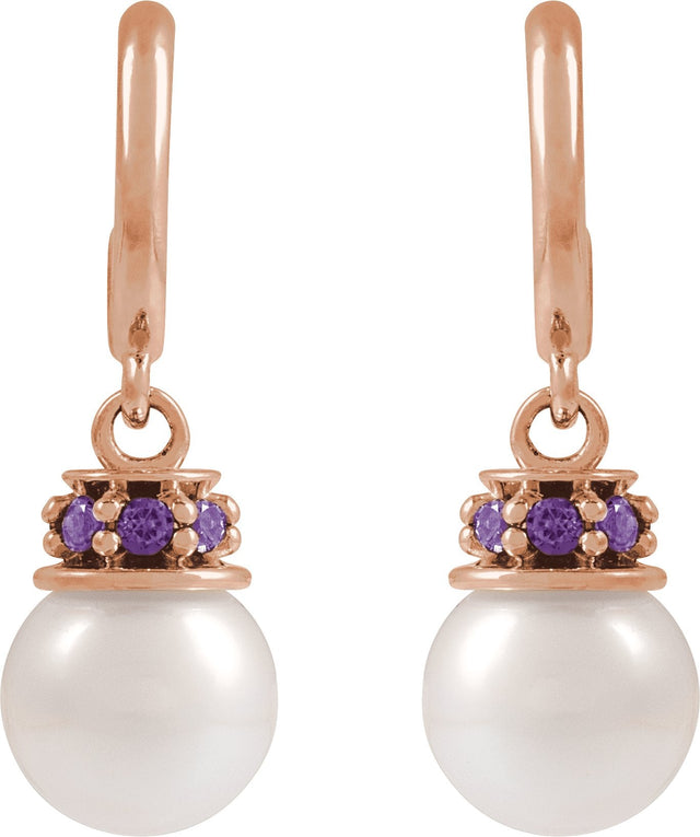 14K Gold Cultured White Freshwater Pearl & Lab-Grown Purple Sapphire Pearl Hoop Earrings - Rose Gold - view 2