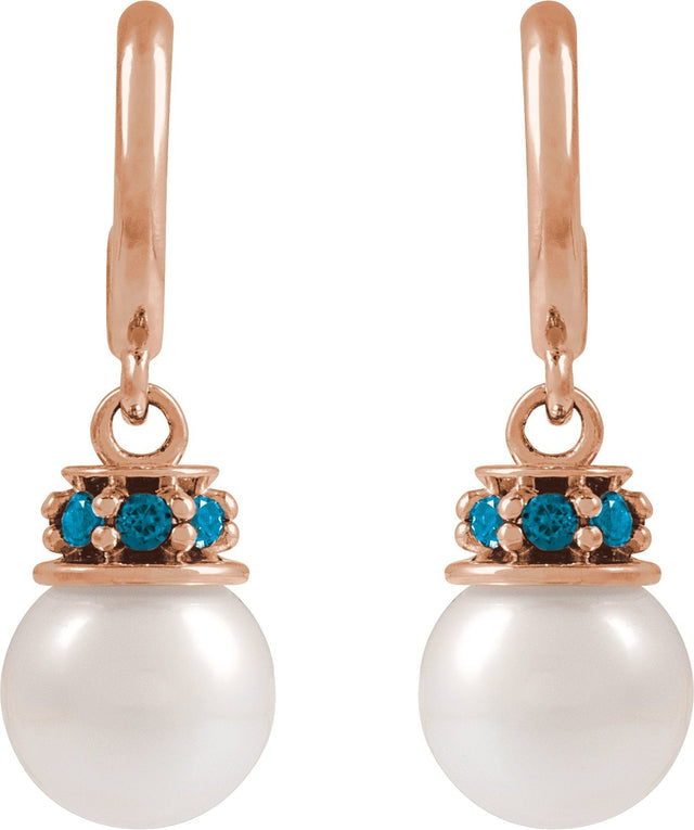 14K Gold Cultured White Freshwater Pearl & Natural London Blue Topaz Pearl Hoop Earrings – 7mm Stones - Rose Gold - view 2