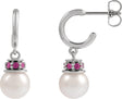 Platinum Cultured White Freshwater Pearl & Natural Pink Tourmaline Pearl Hoop Earrings – 7mm Stones