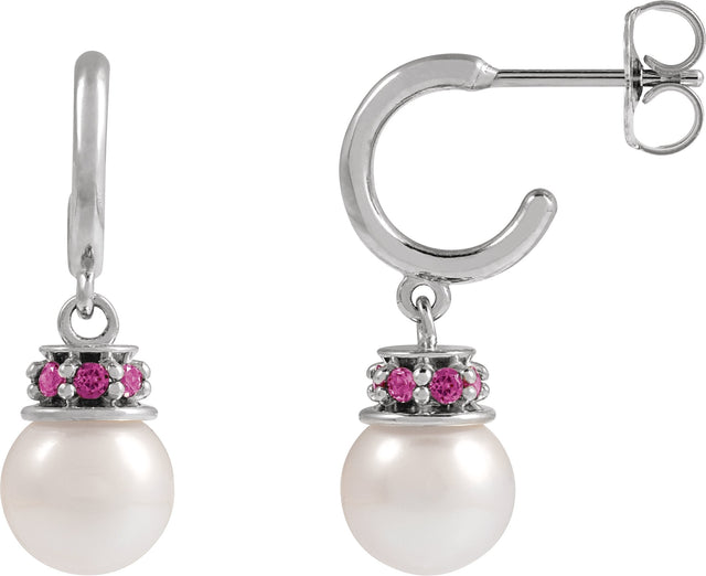 Platinum Cultured White Freshwater Pearl & Natural Pink Tourmaline Pearl Hoop Earrings – 7mm Stones
